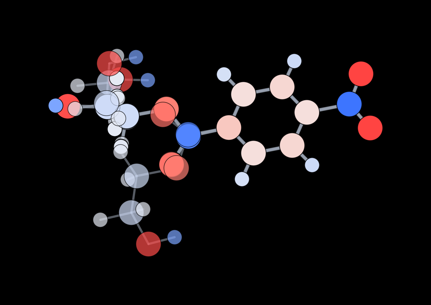 The accepted conformers of MHET overlaid, with atoms coloured from red (negative) to blue (positive) by their final ABCG2 charge