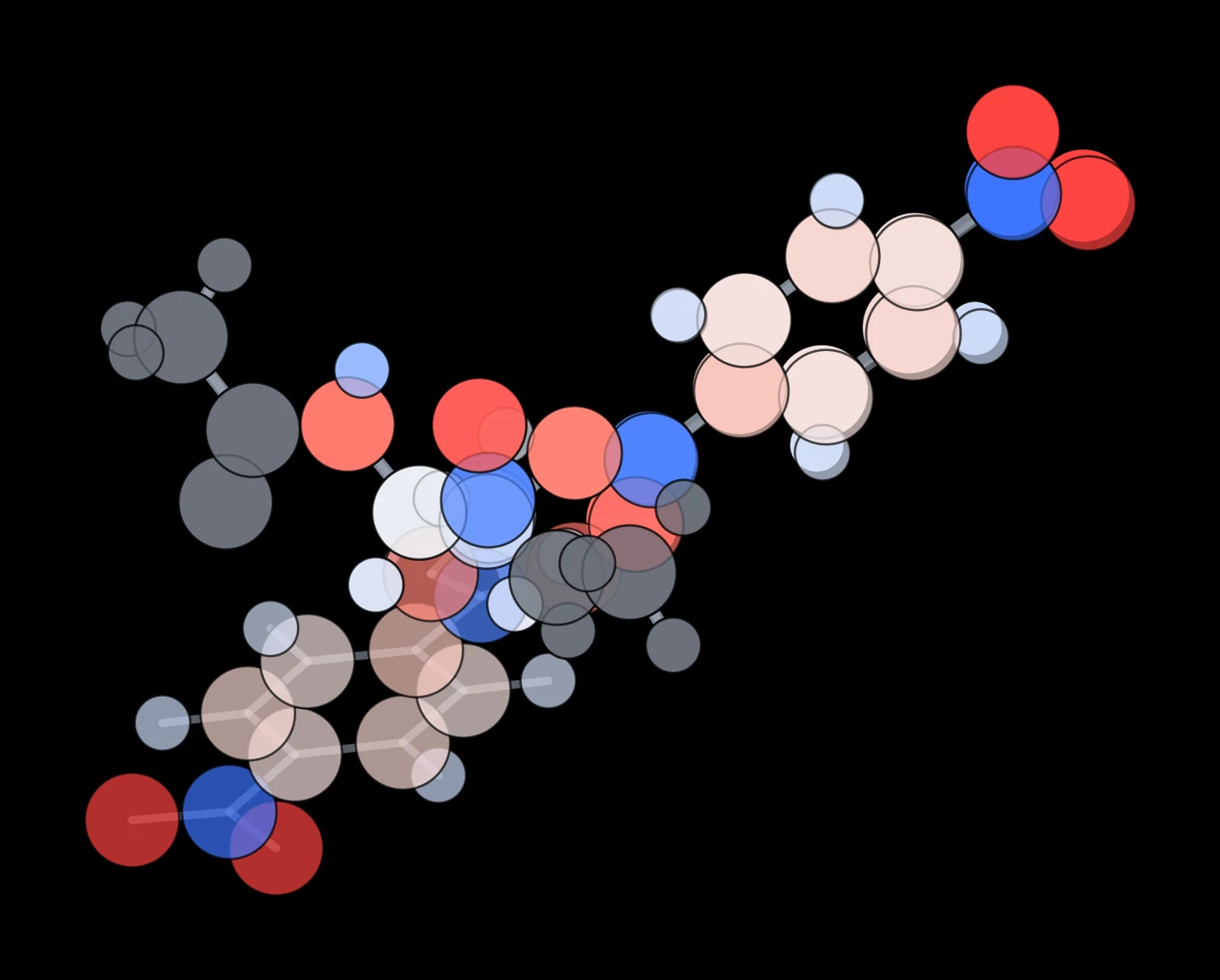 The accepted AM1 conformers of the acyl-serine overlaid on the fixed backbone, atoms coloured by their final charge and the caps in grey