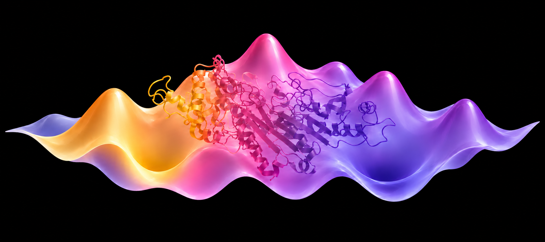 Protein cartoon in orange, pink and purple resting on a glowing wave-shaped energy surface