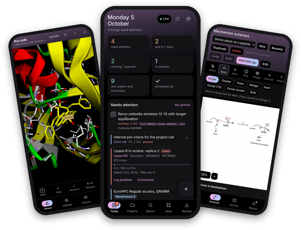 Three phone screens of the CompChemKit app
