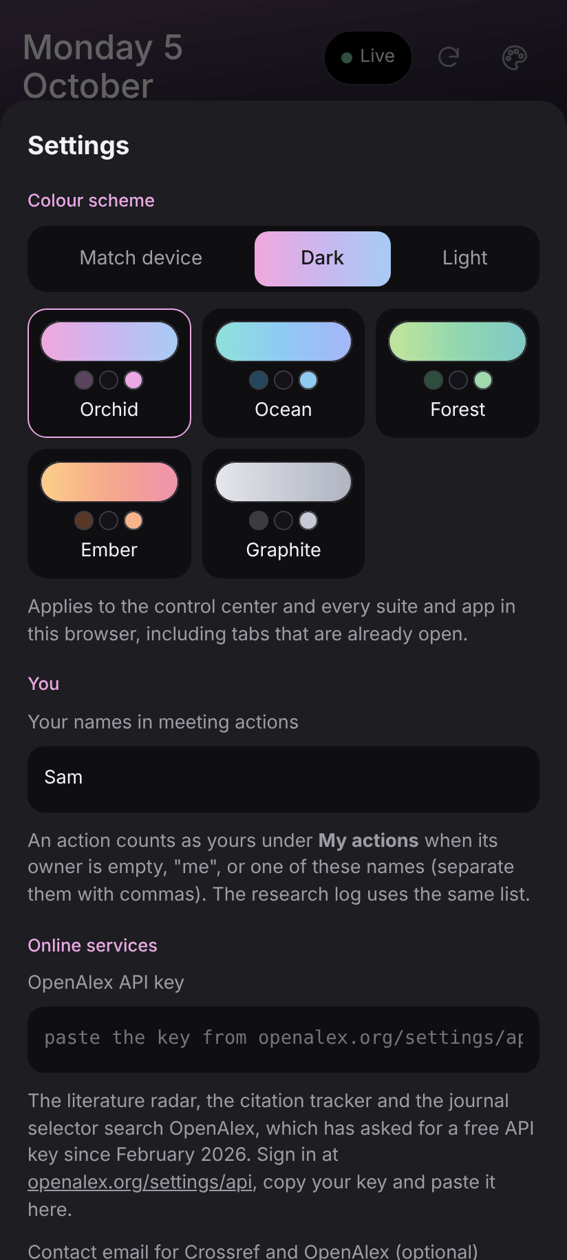Colour scheme settings