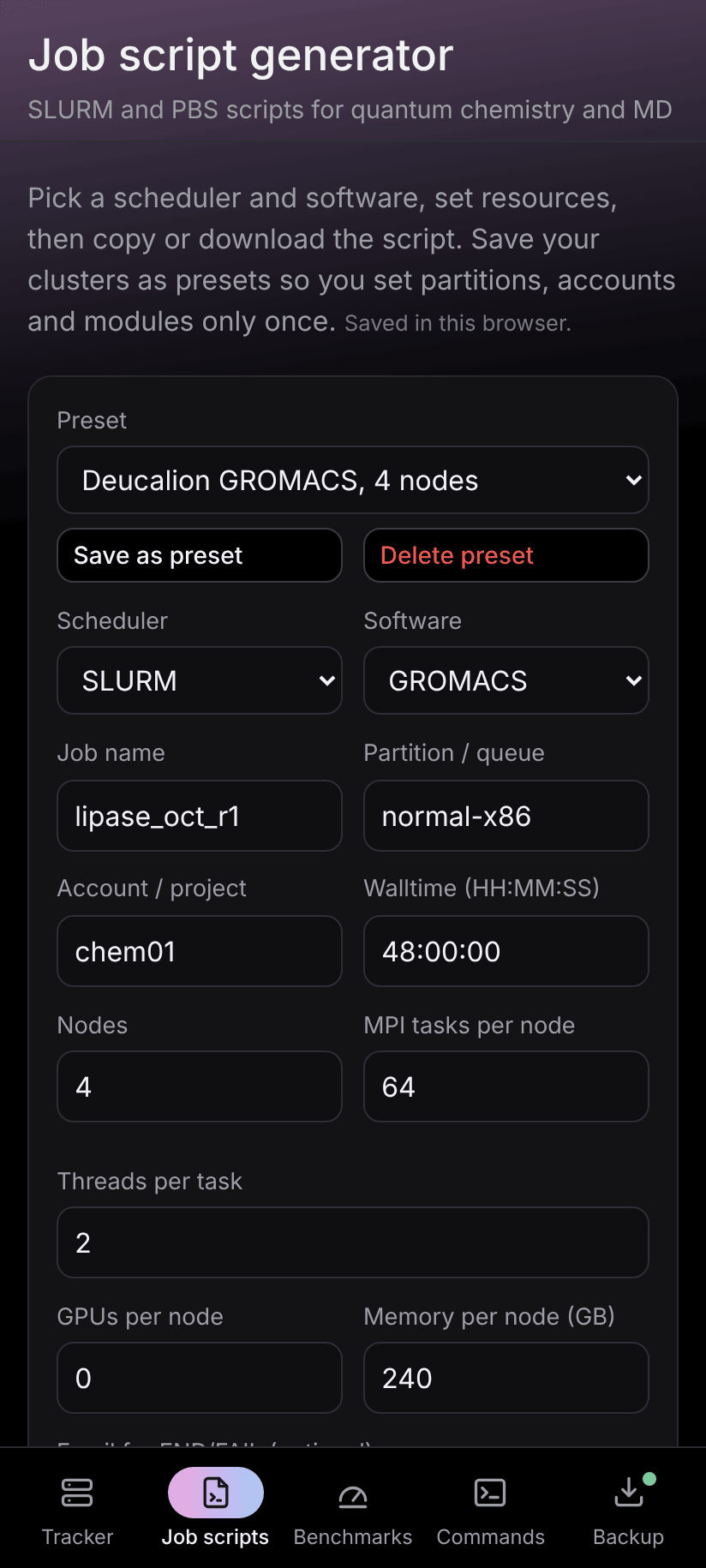 Job script generator