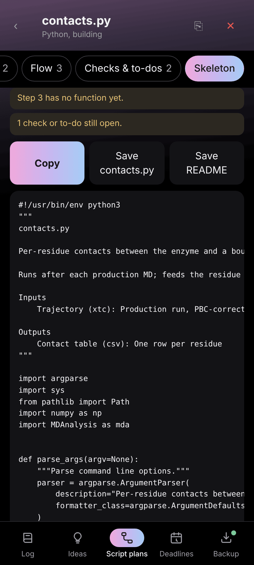 Script skeleton generated from a plan